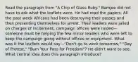 Read the paragraph from "A Chip of Glass Ruby." Bamjee did not have to ask what the leaflets were. He had read the papers. All the past week Africans had been destroying their passes and then presenting themselves for arrest. Their leaders were jailed on charges of incitement, campaign offices were raided—someone must be helping the few minor leaders who were left to keep the campaign going without offices or equipment. What was it the leaflets would say—"Don't go to work tomorrow," "Day of Protest," "Burn Your Pass for Freedom"? He didn't want to see. What central idea does this paragraph introduce?