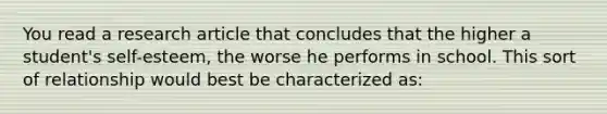 You read a research article that concludes that the higher a student's self-esteem, the worse he performs in school. This sort of relationship would best be characterized as: