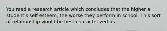 You read a research article which concludes that the higher a student's self-esteem, the worse they perform in school. This sort of relationship would be best characterized as