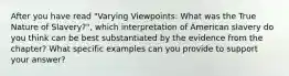 After you have read "Varying Viewpoints: What was the True Nature of Slavery?", which interpretation of American slavery do you think can be best substantiated by the evidence from the chapter? What specific examples can you provide to support your answer?