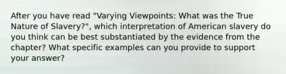 After you have read "Varying Viewpoints: What was the True Nature of Slavery?", which interpretation of American slavery do you think can be best substantiated by the evidence from the chapter? What specific examples can you provide to support your answer?