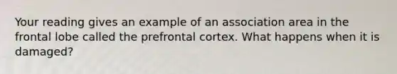 Your reading gives an example of an association area in the frontal lobe called the prefrontal cortex. What happens when it is damaged?