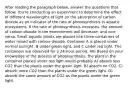 After reading the paragraph below, answer the questions that follow. You're conducting an experiment to determine the effect of different wavelengths of light on the absorption of carbon dioxide as an indicator of the rate of photosynthesis in aquatic ecosystems. If the rate of photosynthesis increases, the amount of carbon dioxide in the environment will decrease, and vice versa. Small aquatic plants are placed into three containers of water mixed with carbon dioxide. Container A is placed under normal sunlight, B under green light, and C under red light. The containers are observed for a 24-hour period. 40) Based on your knowledge of the process of photosynthesis, the plant in the container placed under red light would probably A) absorb less CO2 than the plants under the green light. B) absorb no CO2. C) absorb more CO2 than the plants under the green light. D) absorb the same amount of CO2 as the plants under the green light.