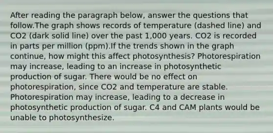 After reading the paragraph below, answer the questions that follow.The graph shows records of temperature (dashed line) and CO2 (dark solid line) over the past 1,000 years. CO2 is recorded in parts per million (ppm).If the trends shown in the graph continue, how might this affect photosynthesis? Photorespiration may increase, leading to an increase in photosynthetic production of sugar. There would be no effect on photorespiration, since CO2 and temperature are stable. Photorespiration may increase, leading to a decrease in photosynthetic production of sugar. C4 and CAM plants would be unable to photosynthesize.