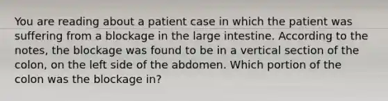 You are reading about a patient case in which the patient was suffering from a blockage in the large intestine. According to the notes, the blockage was found to be in a vertical section of the colon, on the left side of the abdomen. Which portion of the colon was the blockage in?