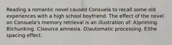 Reading a romantic novel caused Consuela to recall some old experiences with a high school boyfriend. The effect of the novel on Consuela's memory retrieval is an illustration of: A)priming. B)chunking. C)source amnesia. D)automatic processing. E)the spacing effect.