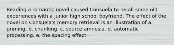 Reading a romantic novel caused Consuela to recall some old experiences with a junior high school boyfriend. The effect of the novel on Consuela's <a href='https://www.questionai.com/knowledge/kRwWQYyhqG-memory-retrieval' class='anchor-knowledge'>memory retrieval</a> is an illustration of a. priming. b. chunking. c. source amnesia. d. automatic processing. e. the spacing effect.