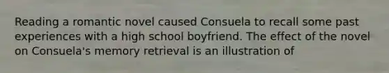 Reading a romantic novel caused Consuela to recall some past experiences with a high school boyfriend. The effect of the novel on Consuela's memory retrieval is an illustration of