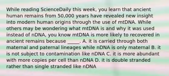 While reading ScienceDaily this week, you learn that ancient human remains from 50,000 years have revealed new insight into modern human origins through the use of mtDNA. While others may be wondering what mtDNA is and why it was used instead of nDNA, you know mtDNA is more likely to recovered in ancient remains because _____. A. it is carried through both maternal and paternal lineages while nDNA is only maternal B. it is not subject to contamination like nDNA C. it is more abundant with more copies per cell than nDNA D. it is double stranded rather than single stranded like nDNA