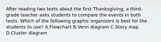 After reading two texts about the first Thanksgiving, a third-grade teacher asks students to compare the events in both texts. Which of the following graphic organizers is best for the students to use? A.Flowchart B.Venn diagram C.Story map D.Cluster diagram