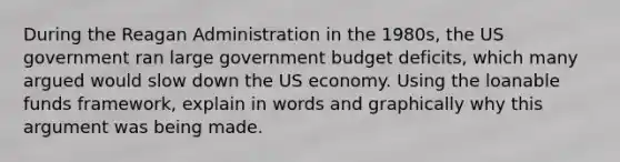 During the Reagan Administration in the 1980s, the US government ran large government budget deficits, which many argued would slow down the US economy. Using the loanable funds framework, explain in words and graphically why this argument was being made.