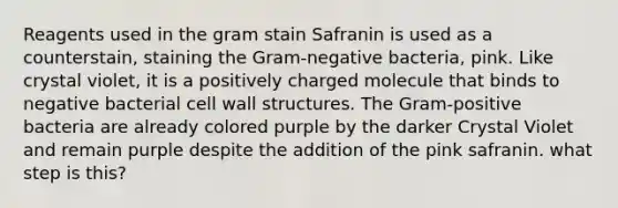 Reagents used in the gram stain Safranin is used as a counterstain, staining the Gram-negative bacteria, pink. Like crystal violet, it is a positively charged molecule that binds to negative bacterial cell wall structures. The Gram-positive bacteria are already colored purple by the darker Crystal Violet and remain purple despite the addition of the pink safranin. what step is this?