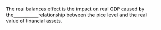 The real balances effect is the impact on real GDP caused by the___________relationship between the pice level and the real value of financial assets.