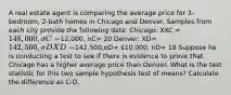 A real estate agent is comparing the average price for 3-bedroom, 2-bath homes in Chicago and Denver. Samples from each city provide the following data: Chicago: XXC = 148,000, σC=12,000, nC= 20 Denver: XD=142,500,σDXD=142,500,σD= 10,000, nD= 18 Suppose he is conducting a test to see if there is evidence to prove that Chicago has a higher average price than Denver. What is the test statistic for this two sample hypothesis test of means? Calculate the difference as C-D.