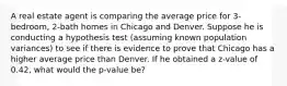 A real estate agent is comparing the average price for 3-bedroom, 2-bath homes in Chicago and Denver. Suppose he is conducting a hypothesis test (assuming known population variances) to see if there is evidence to prove that Chicago has a higher average price than Denver. If he obtained a z-value of 0.42, what would the p-value be?