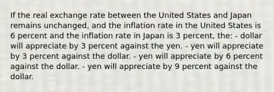 If the real exchange rate between the United States and Japan remains unchanged, and the inflation rate in the United States is 6 percent and the inflation rate in Japan is 3 percent, the: - dollar will appreciate by 3 percent against the yen. - yen will appreciate by 3 percent against the dollar. - yen will appreciate by 6 percent against the dollar. - yen will appreciate by 9 percent against the dollar.