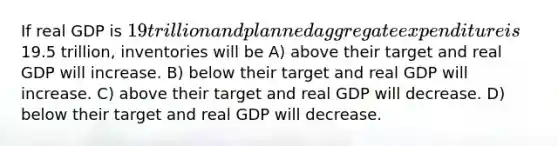 If real GDP is 19 trillion and planned aggregate expenditure is19.5 trillion, inventories will be A) above their target and real GDP will increase. B) below their target and real GDP will increase. C) above their target and real GDP will decrease. D) below their target and real GDP will decrease.