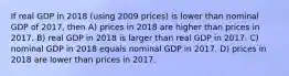 If real GDP in 2018 (using 2009 prices) is lower than nominal GDP of 2017, then A) prices in 2018 are higher than prices in 2017. B) real GDP in 2018 is larger than real GDP in 2017. C) nominal GDP in 2018 equals nominal GDP in 2017. D) prices in 2018 are lower than prices in 2017.