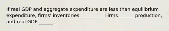 If real GDP and aggregate expenditure are less than equilibrium​ expenditure, firms' inventories _________. Firms​ ______ production, and real GDP​ ______.