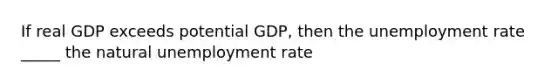 If real GDP exceeds potential GDP, then the unemployment rate _____ the natural unemployment rate