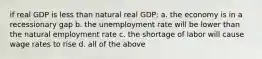 if real GDP is less than natural real GDP: a. the economy is in a recessionary gap b. the unemployment rate will be lower than the natural employment rate c. the shortage of labor will cause wage rates to rise d. all of the above