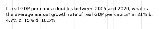 If real GDP per capita doubles between 2005 and 2020, what is the average annual growth rate of real GDP per capita? a. 21% b. 4.7% c. 15% d. 10.5%