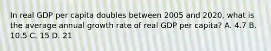 In real GDP per capita doubles between 2005 and 2020, what is the average annual growth rate of real GDP per capita? A. 4.7 B. 10.5 C. 15 D. 21