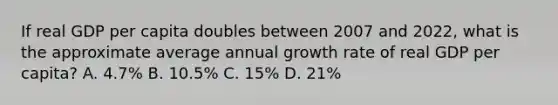 If real GDP per capita doubles between 2007 and​ 2022, what is the approximate average annual growth rate of real GDP per​ capita? A. ​4.7% B. ​10.5% C. ​15% D. ​21%