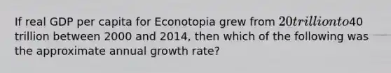 If real GDP per capita for Econotopia grew from 20 trillion to40 trillion between 2000 and 2014, then which of the following was the approximate annual growth rate?