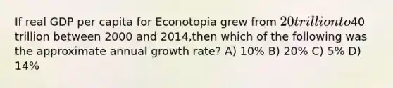 If real GDP per capita for Econotopia grew from 20 trillion to40 trillion between 2000 and 2014,then which of the following was the approximate annual growth rate? A) 10% B) 20% C) 5% D) 14%