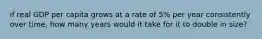 if real GDP per capita grows at a rate of 5% per year consistently over time, how many years would it take for it to double in size?