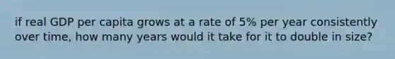 if real GDP per capita grows at a rate of 5% per year consistently over time, how many years would it take for it to double in size?