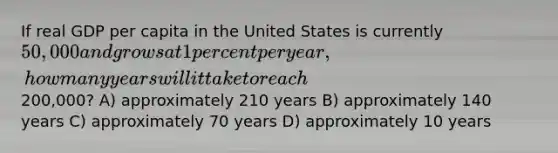 If real GDP per capita in the United States is currently 50,000 and grows at 1 percent per year, how many years will it take to reach200,000? A) approximately 210 years B) approximately 140 years C) approximately 70 years D) approximately 10 years