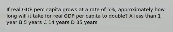 If real GDP perc capita grows at a rate of 5%, approximately how long will it take for real GDP per capita to double? A less than 1 year B 5 years C 14 years D 35 years