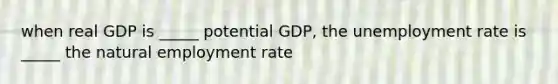 when real GDP is _____ potential GDP, the unemployment rate is _____ the natural employment rate