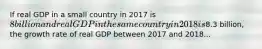 If real GDP in a small country in 2017 is 8 billion and real GDP in the same country in 2018 is8.3 billion, the growth rate of real GDP between 2017 and 2018...