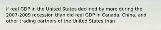 if real GDP in the United States declined by more during the 2007-2009 recession than did real GDP in Canada, China, and other trading partners of the United States than