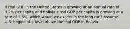 If real GDP in the United States is growing at an annual rate of 3.2% per capita and Bolivia's real GDP per capita is growing at a rate of 1.3%, which would we expect in the long run? Assume U.S. begins at a level above the real GDP in Bolivia