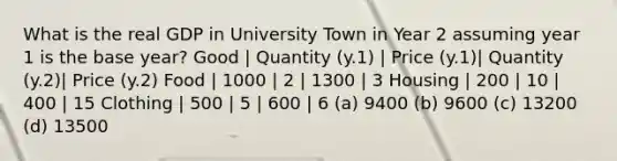 What is the real GDP in University Town in Year 2 assuming year 1 is the base year? Good | Quantity (y.1) | Price (y.1)| Quantity (y.2)| Price (y.2) Food | 1000 | 2 | 1300 | 3 Housing | 200 | 10 | 400 | 15 Clothing | 500 | 5 | 600 | 6 (a) 9400 (b) 9600 (c) 13200 (d) 13500