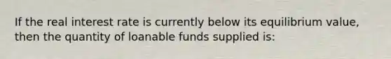 If the real interest rate is currently below its equilibrium value, then the quantity of loanable funds supplied is: