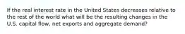 If the real interest rate in the United States decreases relative to the rest of the world what will be the resulting changes in the U.S. capital flow, net exports and aggregate demand?