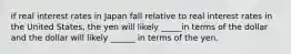 if real interest rates in Japan fall relative to real interest rates in the United States, the yen will likely _____in terms of the dollar and the dollar will likely ______ in terms of the yen.