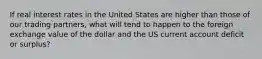 If real interest rates in the United States are higher than those of our trading partners, what will tend to happen to the foreign exchange value of the dollar and the US current account deficit or surplus?