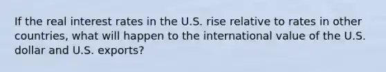 If the real interest rates in the U.S. rise relative to rates in other countries, what will happen to the international value of the U.S. dollar and U.S. exports?