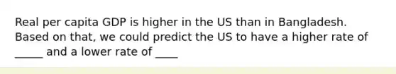 Real per capita GDP is higher in the US than in Bangladesh. Based on that, we could predict the US to have a higher rate of _____ and a lower rate of ____