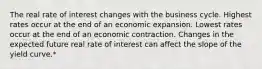 The real rate of interest changes with the business cycle. Highest rates occur at the end of an economic expansion. Lowest rates occur at the end of an economic contraction. Changes in the expected future real rate of interest can affect the slope of the yield curve.*