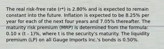 The real risk-free rate (r*) is 2.80% and is expected to remain constant into the future. Inflation is expected to be 8.25% per year for each of the next four years and 7.05% thereafter. The maturity risk premium (MRP) is determined from the formula: 0.10 x (t - 1)%, where t is the security's maturity. The liquidity premium (LP) on all Gauge Imports Inc.'s bonds is 0.50%.