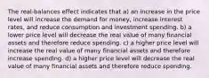 The real-balances effect indicates that a) an increase in the price level will increase the demand for money, increase interest rates, and reduce consumption and investment spending. b) a lower price level will decrease the real value of many financial assets and therefore reduce spending. c) a higher price level will increase the real value of many financial assets and therefore increase spending. d) a higher price level will decrease the real value of many financial assets and therefore reduce spending.