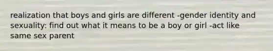 realization that boys and girls are different -gender identity and sexuality: find out what it means to be a boy or girl -act like same sex parent