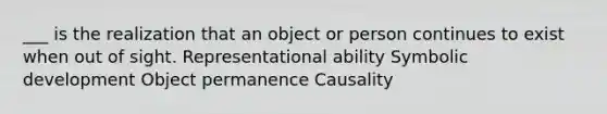 ___ is the realization that an object or person continues to exist when out of sight. Representational ability Symbolic development Object permanence Causality